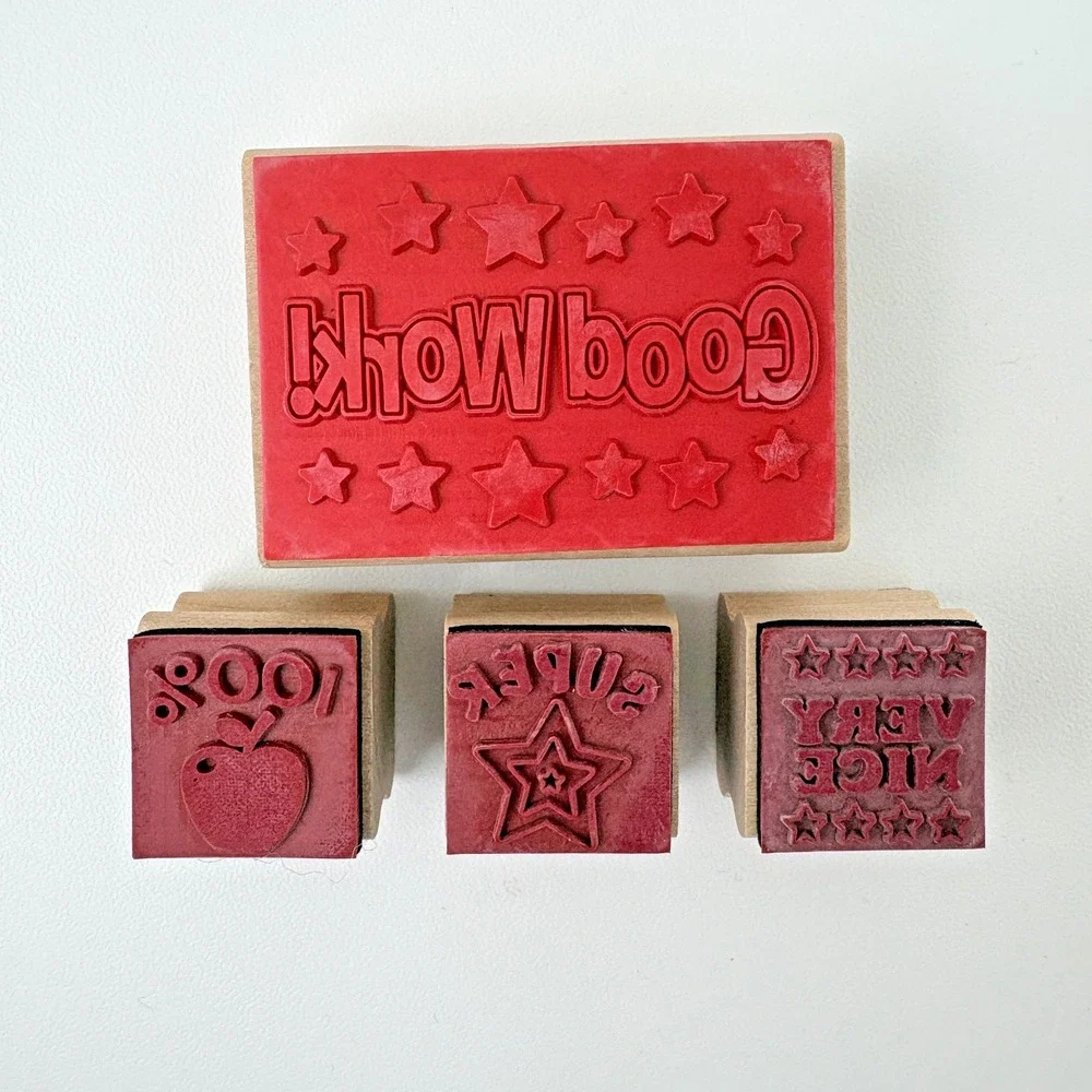 Vintage Teacher Wooden Rubber‎ Stamps Good Work Classroom Lot of 4 Homeschool